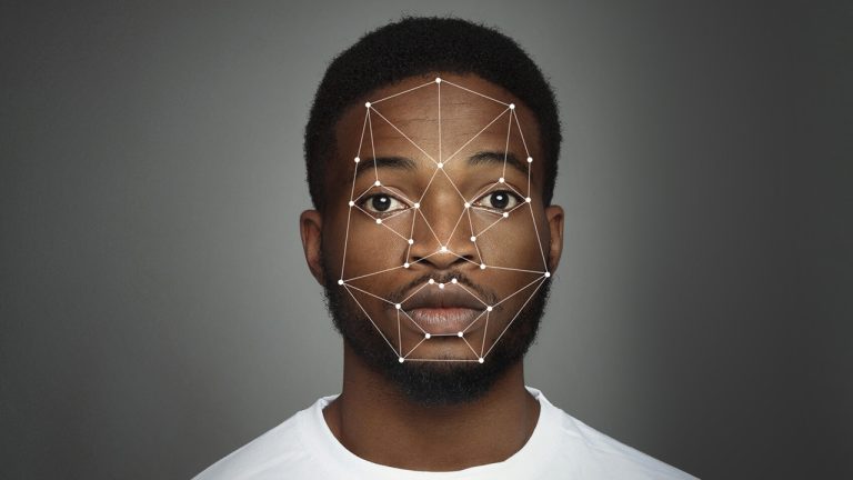 Futuristic and technological scanning of african-american man face, free space