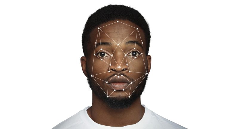 Futuristic and technological scanning of african-american man face, free space